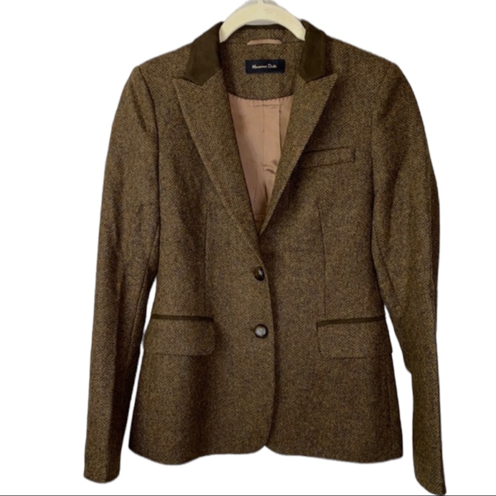 Massimo Dutti Olive Green Brown Tweed Wool Blazer Size 4